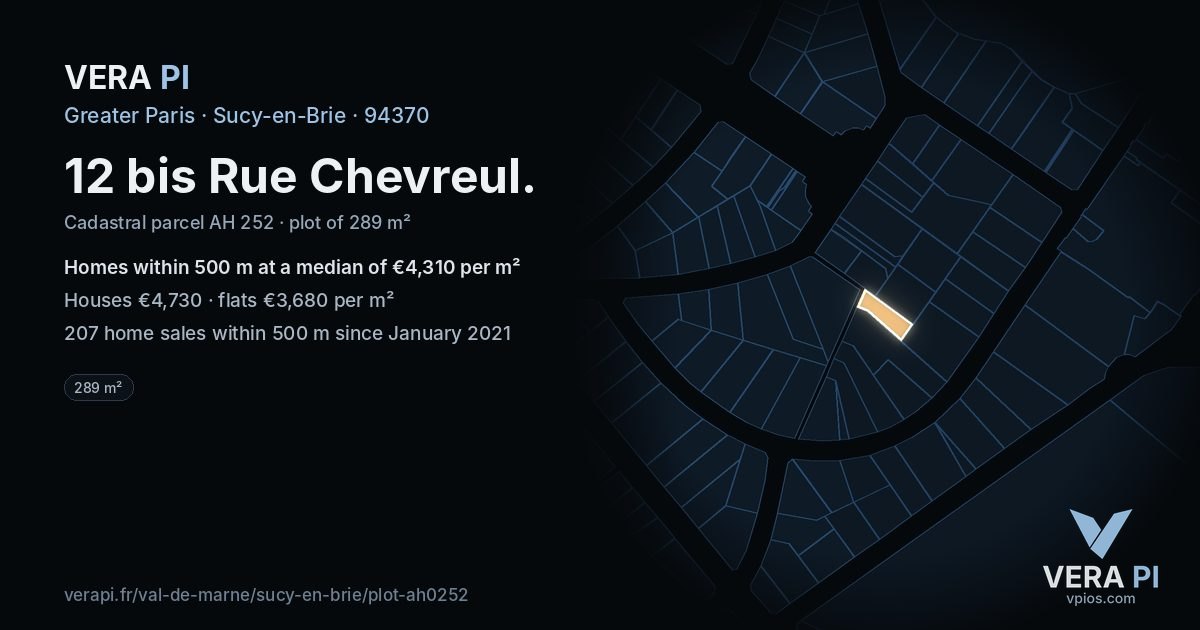 12 bis Rue Chevreul, Sucy-en-Brie at night – the plot lit, the parcels around coloured by the prices near them
