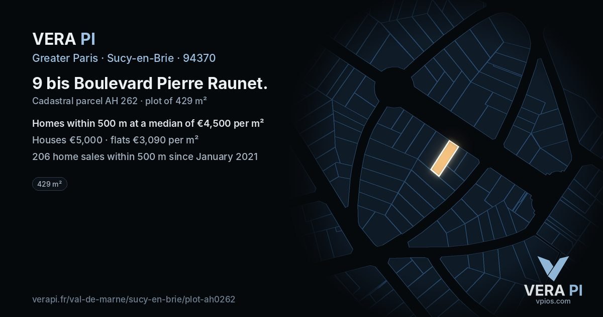 9 bis Boulevard Pierre Raunet, Sucy-en-Brie at night – the plot lit, the parcels around coloured by the prices near them