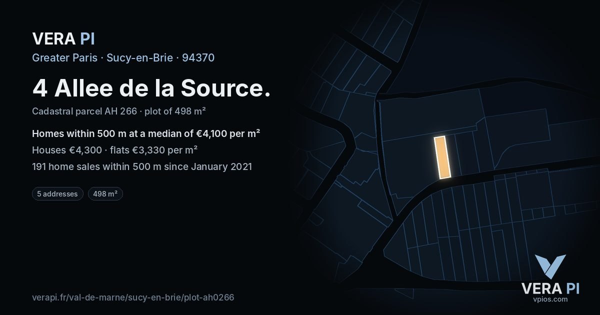 4 Allee de la Source, Sucy-en-Brie at night – the plot lit, the parcels around coloured by the prices near them