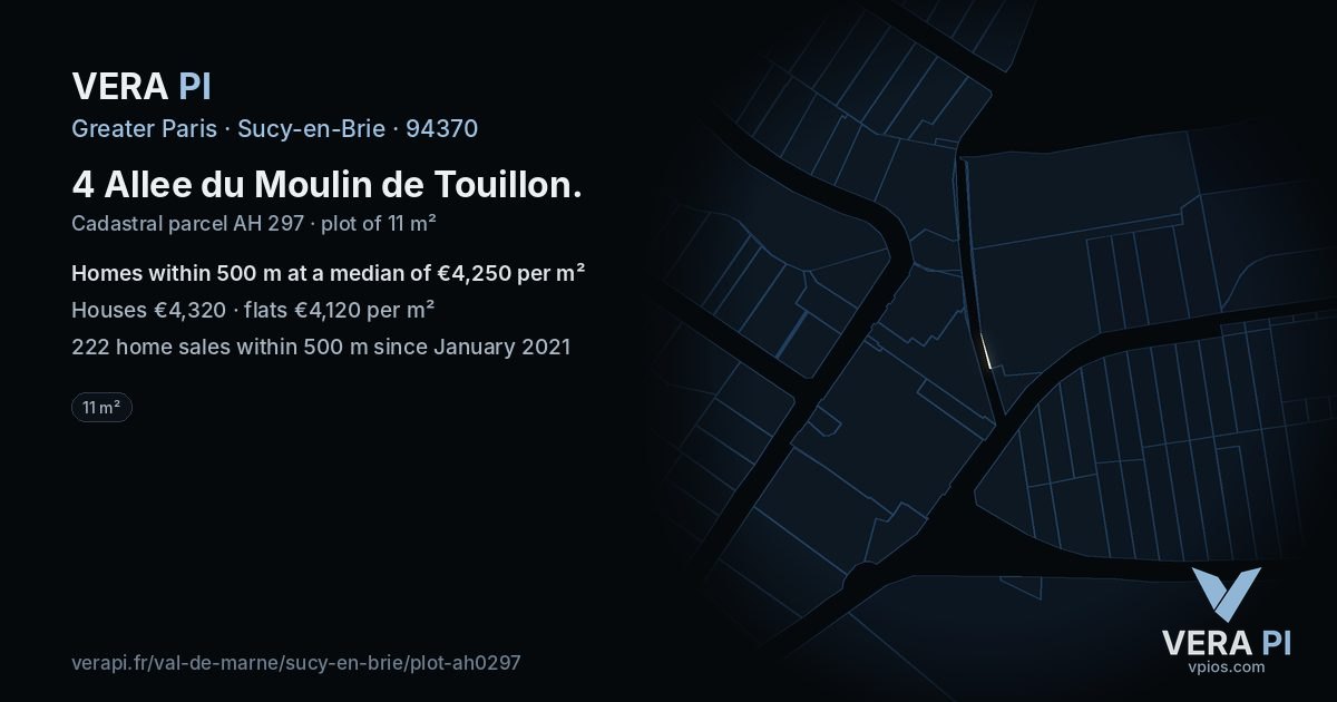 4 Allee du Moulin de Touillon, Sucy-en-Brie at night – the plot lit, the parcels around coloured by the prices near them