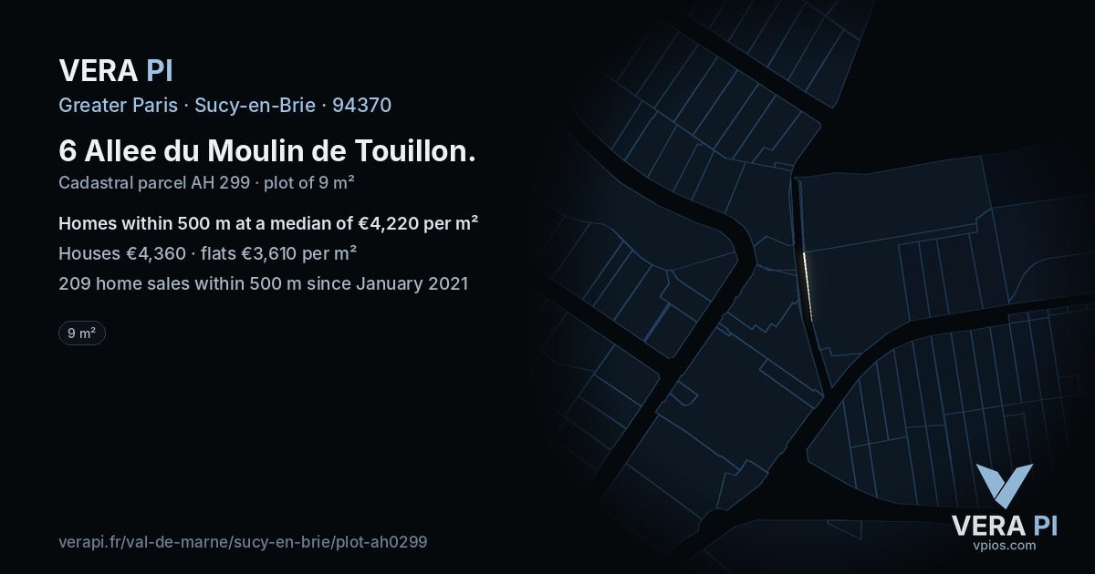 6 Allee du Moulin de Touillon, Sucy-en-Brie at night – the plot lit, the parcels around coloured by the prices near them