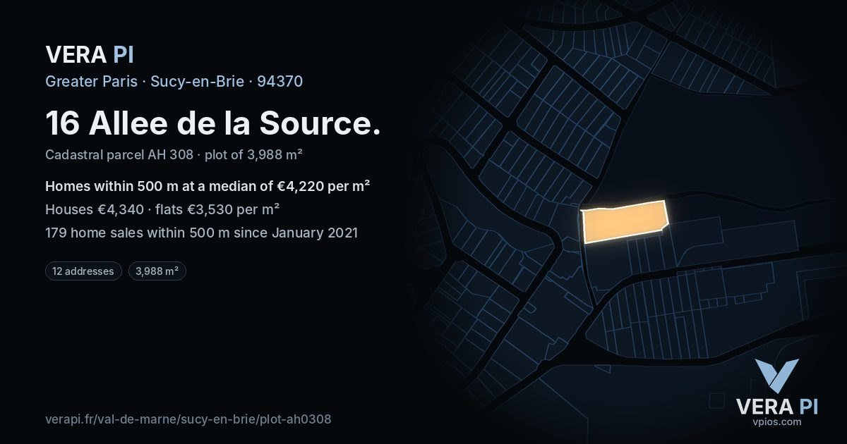 16 Allee de la Source, Sucy-en-Brie at night – the plot lit, the parcels around coloured by the prices near them