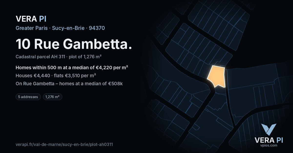 10 Rue Gambetta, Sucy-en-Brie at night – the plot lit, the parcels around coloured by the prices near them