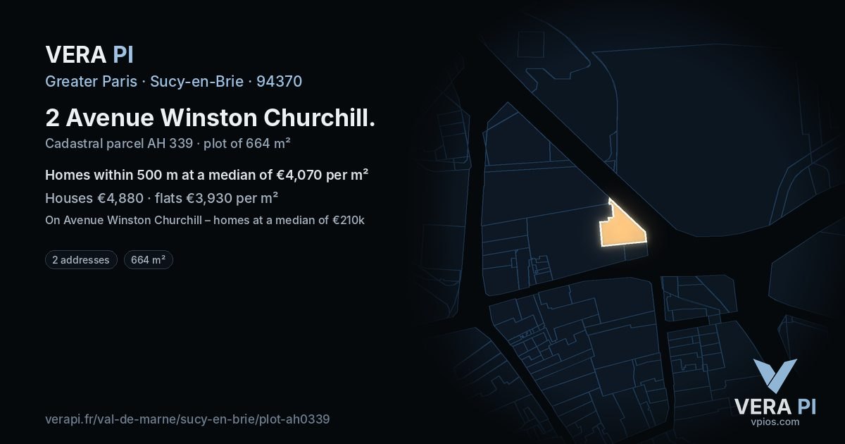 2 Avenue Winston Churchill, Sucy-en-Brie at night – the plot lit, the parcels around coloured by the prices near them