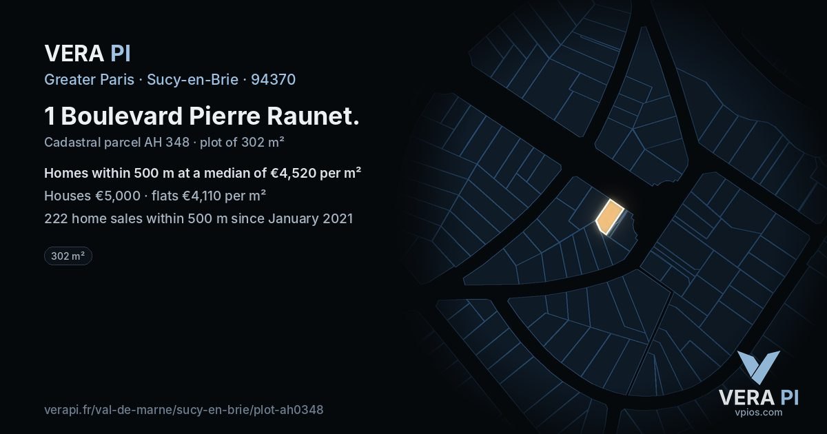 1 Boulevard Pierre Raunet, Sucy-en-Brie at night – the plot lit, the parcels around coloured by the prices near them