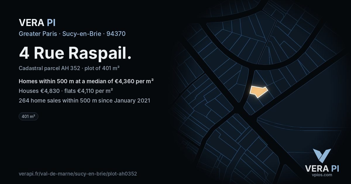 4 Rue Raspail, Sucy-en-Brie at night – the plot lit, the parcels around coloured by the prices near them