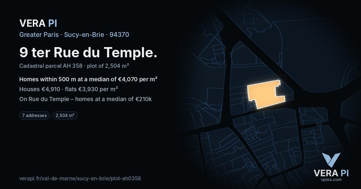 9 ter Rue du Temple, Sucy-en-Brie at night – the plot lit, the parcels around coloured by the prices near them