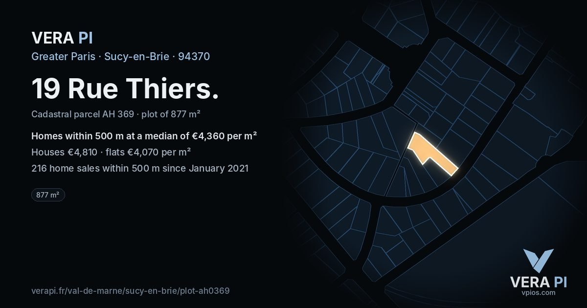 19 Rue Thiers, Sucy-en-Brie at night – the plot lit, the parcels around coloured by the prices near them