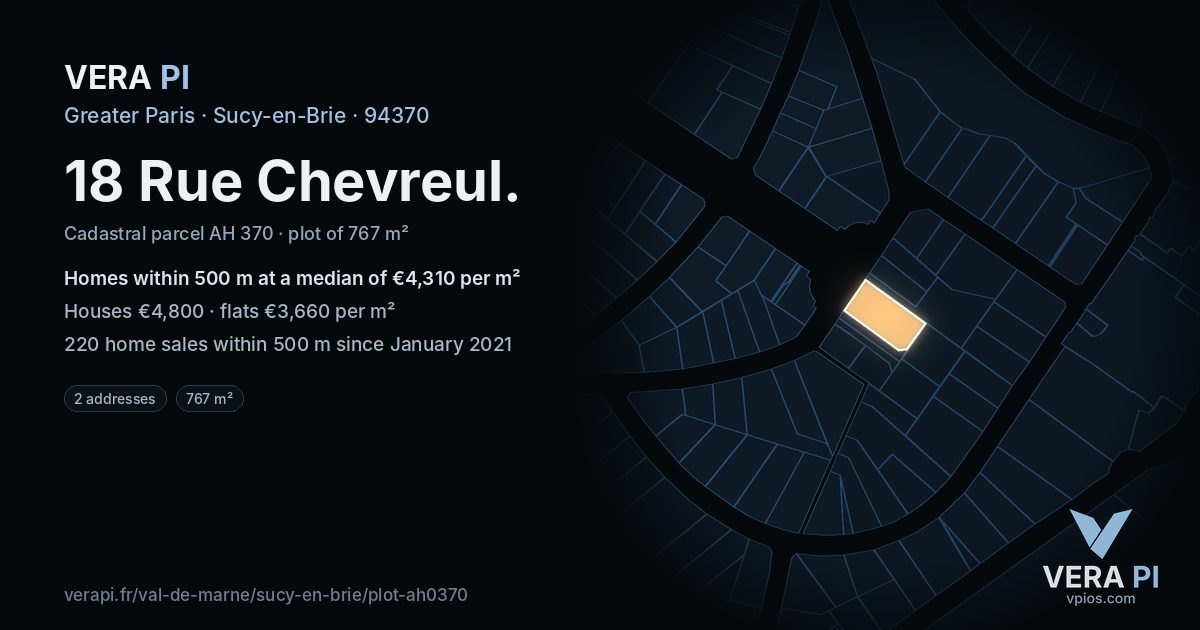 18 Rue Chevreul, Sucy-en-Brie at night – the plot lit, the parcels around coloured by the prices near them