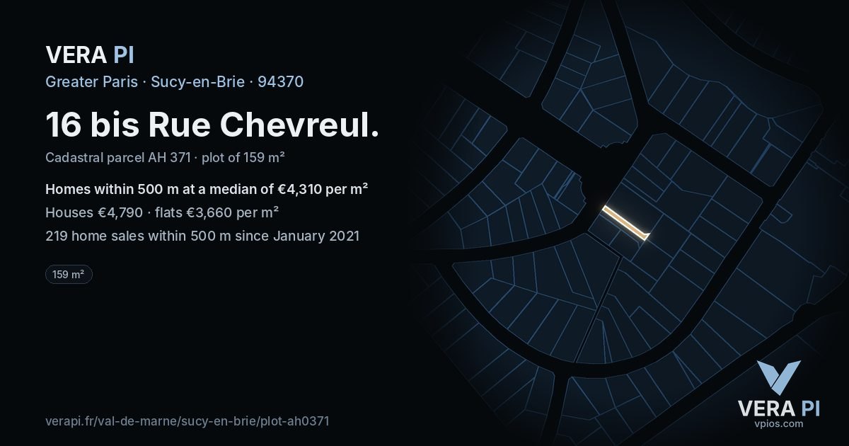 16 bis Rue Chevreul, Sucy-en-Brie at night – the plot lit, the parcels around coloured by the prices near them
