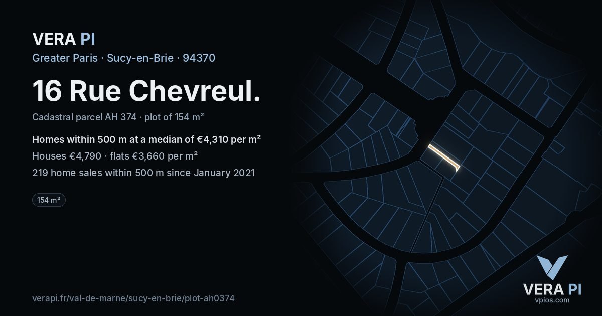 16 Rue Chevreul, Sucy-en-Brie at night – the plot lit, the parcels around coloured by the prices near them