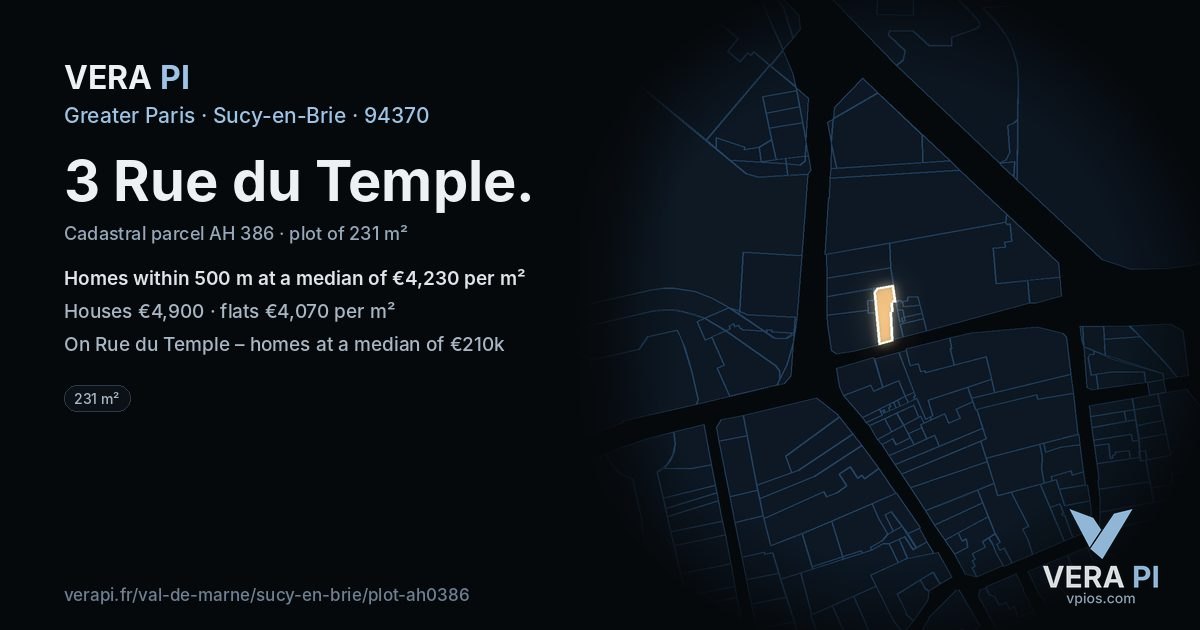 3 Rue du Temple, Sucy-en-Brie at night – the plot lit, the parcels around coloured by the prices near them