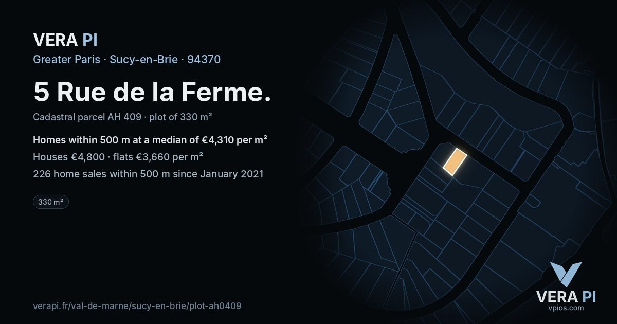 5 Rue de la Ferme, Sucy-en-Brie at night – the plot lit, the parcels around coloured by the prices near them