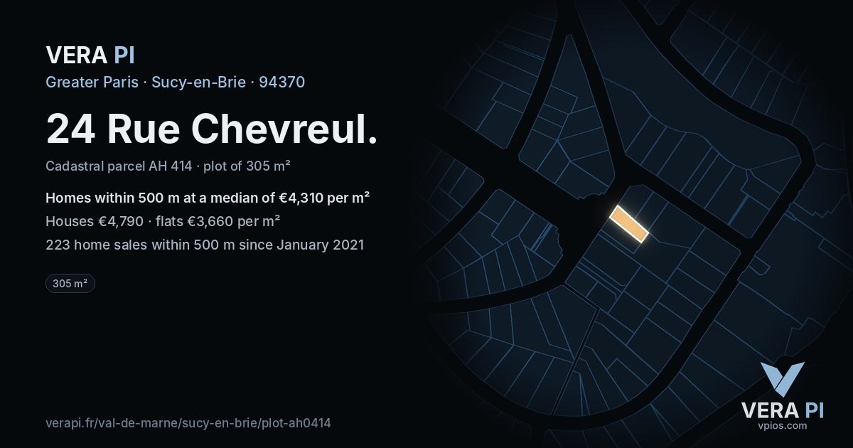 24 Rue Chevreul, Sucy-en-Brie at night – the plot lit, the parcels around coloured by the prices near them
