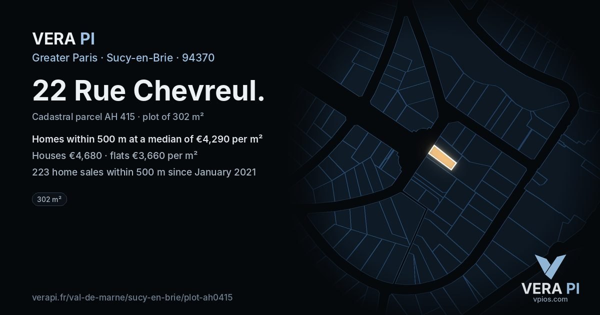 22 Rue Chevreul, Sucy-en-Brie at night – the plot lit, the parcels around coloured by the prices near them