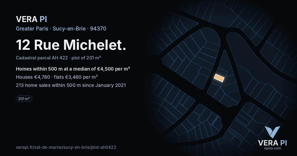 12 Rue Michelet, Sucy-en-Brie at night – the plot lit, the parcels around coloured by the prices near them