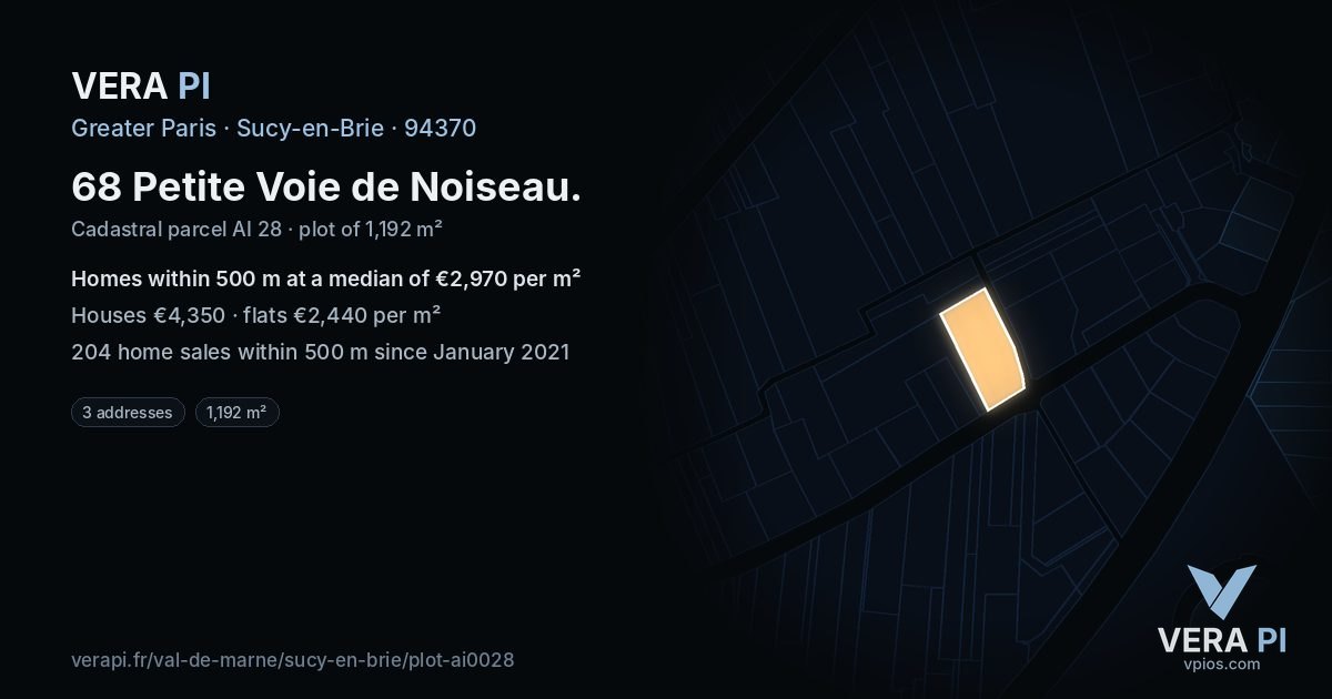68 Petite Voie de Noiseau, Sucy-en-Brie at night – the plot lit, the parcels around coloured by the prices near them