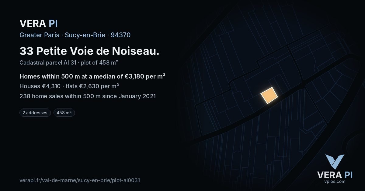 33 Petite Voie de Noiseau, Sucy-en-Brie at night – the plot lit, the parcels around coloured by the prices near them