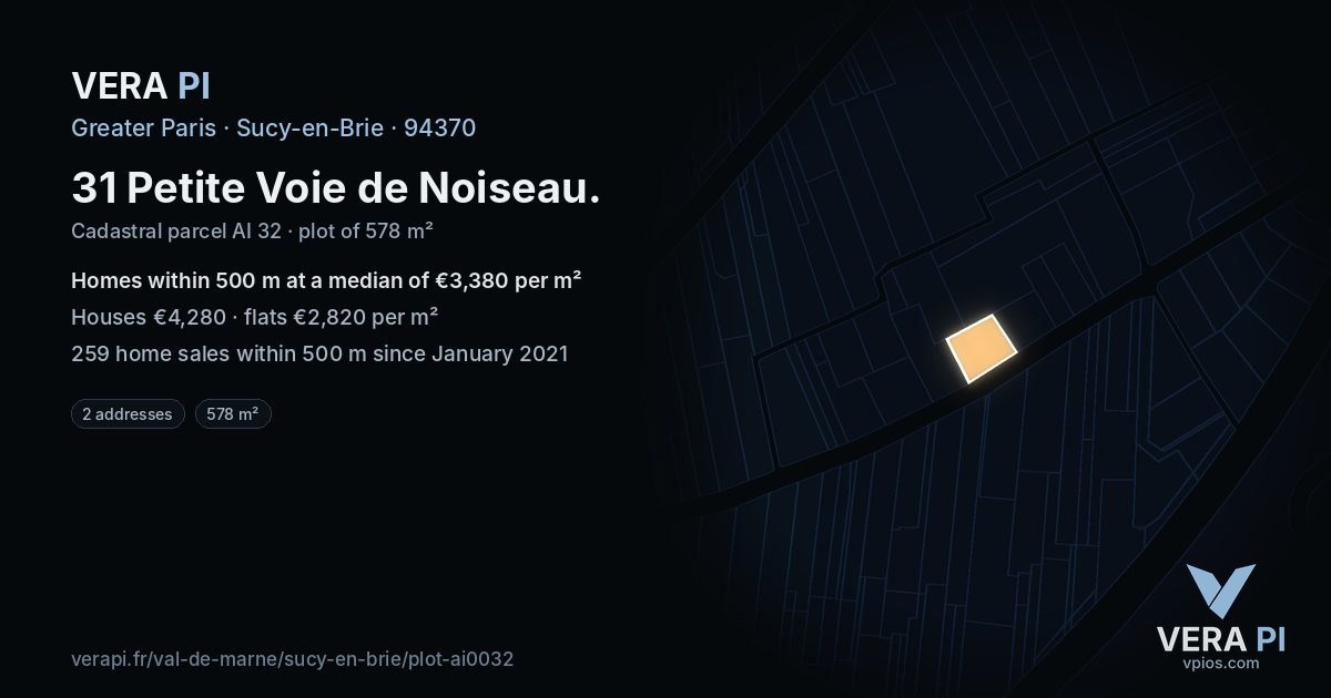 31 Petite Voie de Noiseau, Sucy-en-Brie at night – the plot lit, the parcels around coloured by the prices near them
