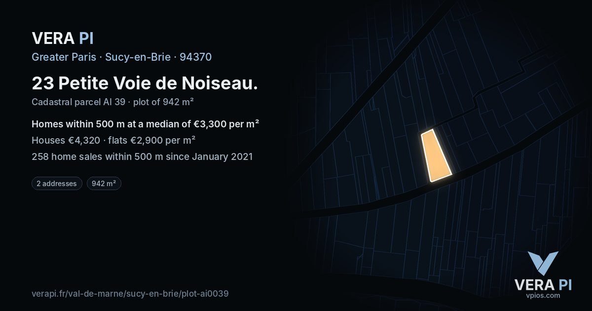 23 Petite Voie de Noiseau, Sucy-en-Brie at night – the plot lit, the parcels around coloured by the prices near them