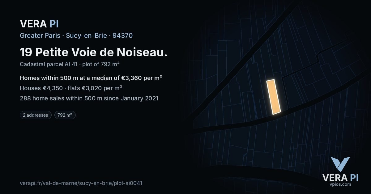 19 Petite Voie de Noiseau, Sucy-en-Brie at night – the plot lit, the parcels around coloured by the prices near them