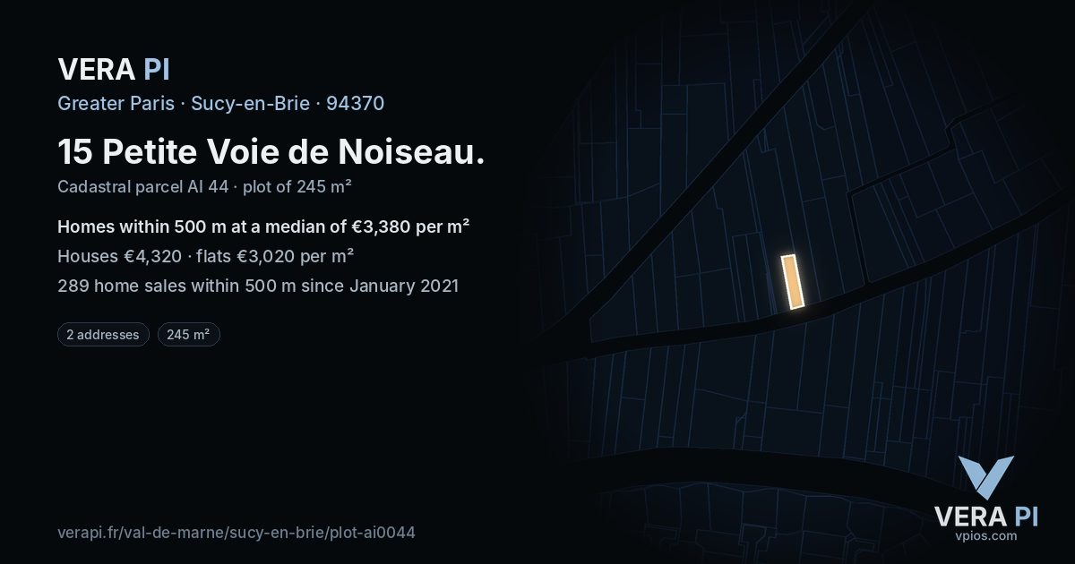 15 Petite Voie de Noiseau, Sucy-en-Brie at night – the plot lit, the parcels around coloured by the prices near them