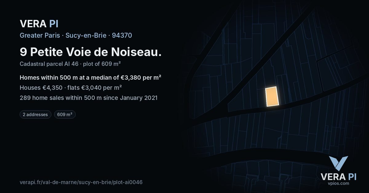 9 Petite Voie de Noiseau, Sucy-en-Brie at night – the plot lit, the parcels around coloured by the prices near them