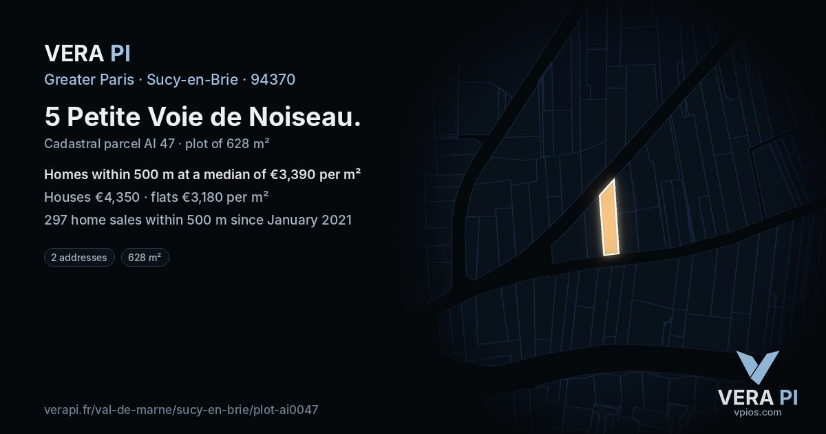 5 Petite Voie de Noiseau, Sucy-en-Brie at night – the plot lit, the parcels around coloured by the prices near them