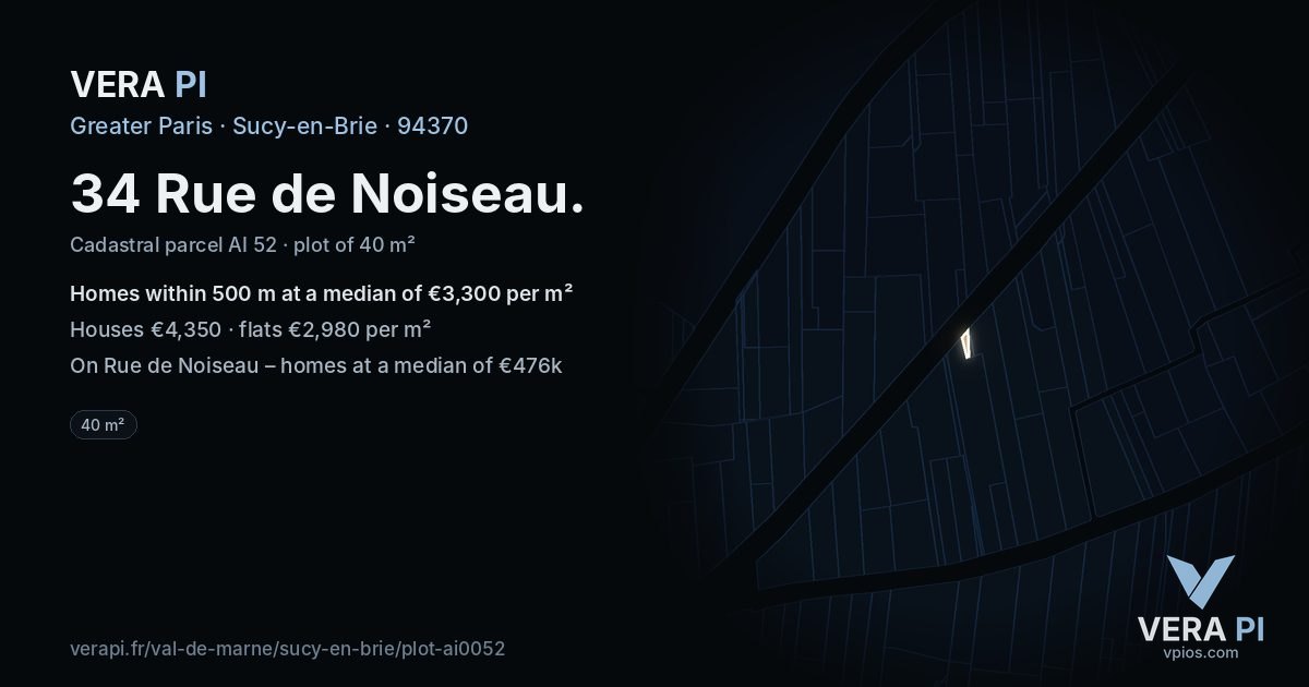 34 Rue de Noiseau, Sucy-en-Brie at night – the plot lit, the parcels around coloured by the prices near them