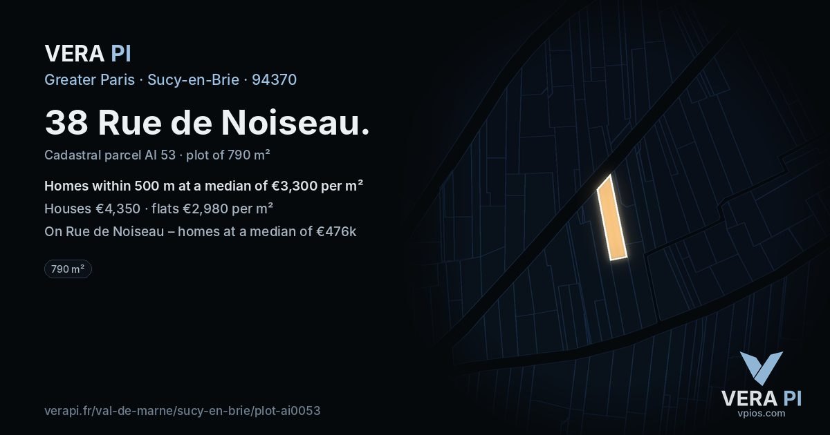 38 Rue de Noiseau, Sucy-en-Brie at night – the plot lit, the parcels around coloured by the prices near them