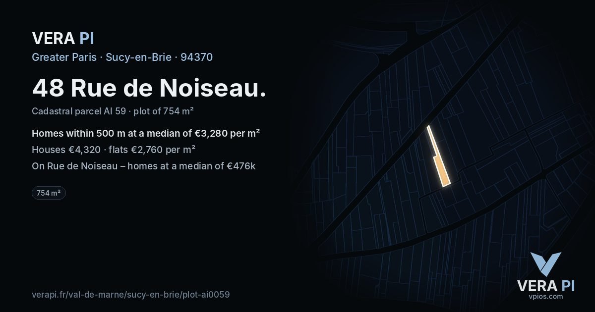 48 Rue de Noiseau, Sucy-en-Brie at night – the plot lit, the parcels around coloured by the prices near them