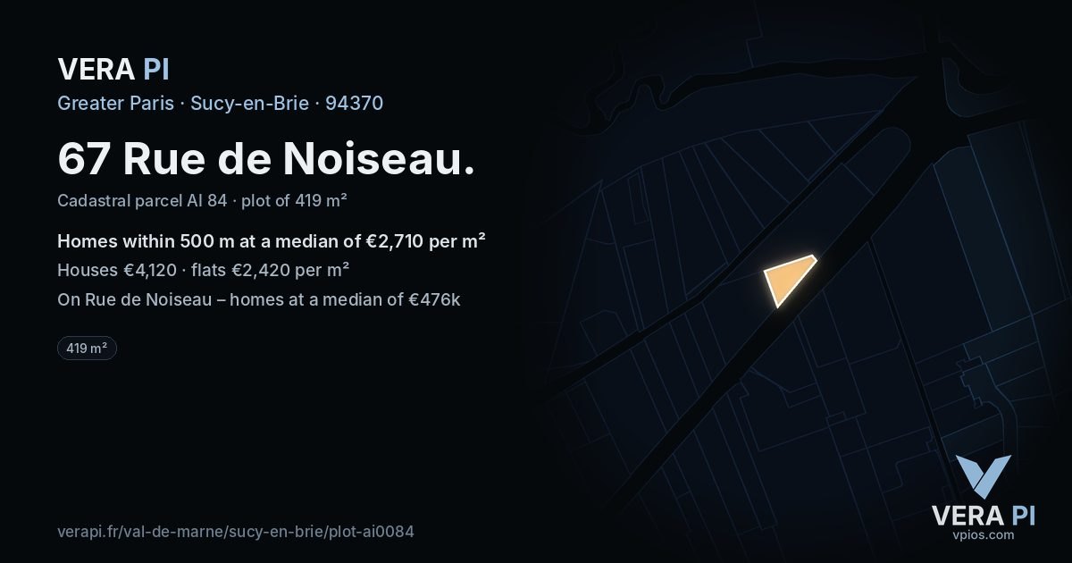 67 Rue de Noiseau, Sucy-en-Brie at night – the plot lit, the parcels around coloured by the prices near them