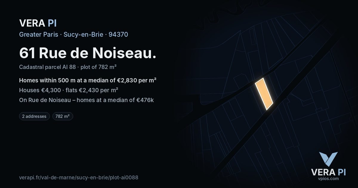 61 Rue de Noiseau, Sucy-en-Brie at night – the plot lit, the parcels around coloured by the prices near them