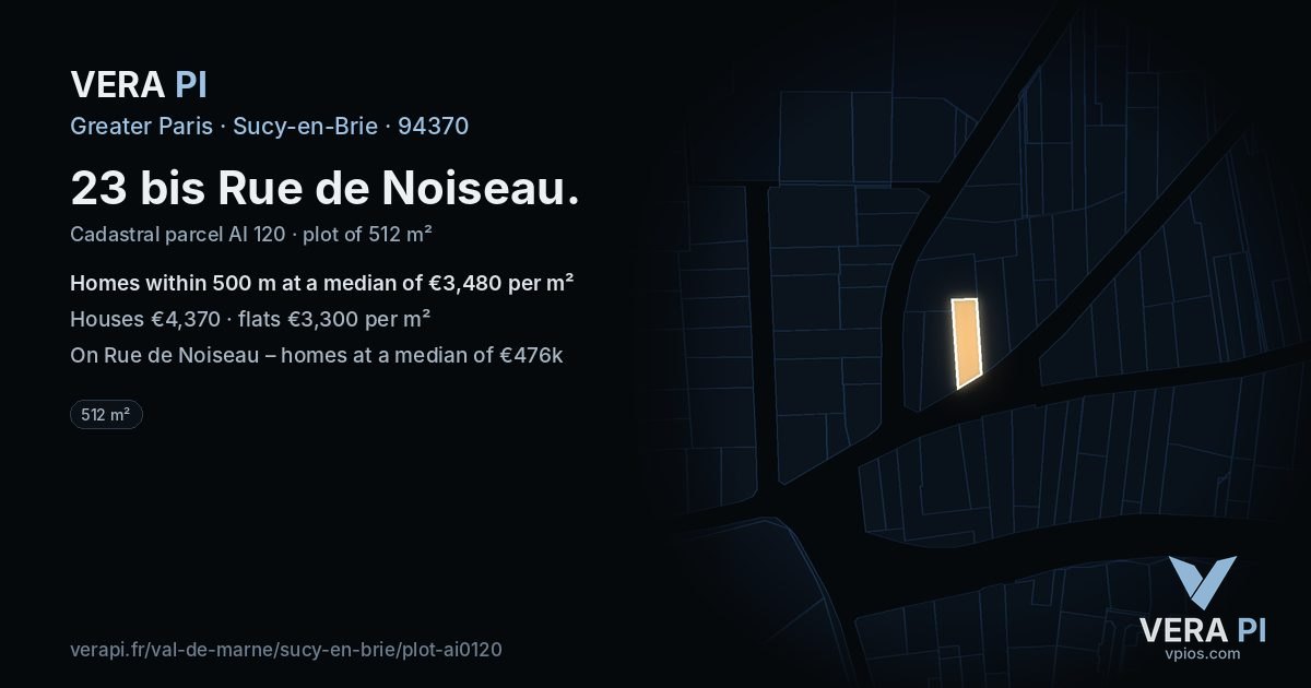 23 bis Rue de Noiseau, Sucy-en-Brie at night – the plot lit, the parcels around coloured by the prices near them