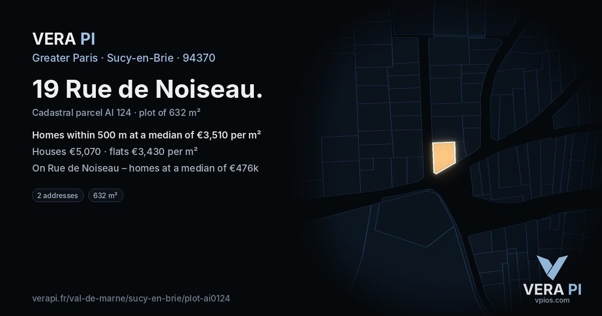19 Rue de Noiseau, Sucy-en-Brie at night – the plot lit, the parcels around coloured by the prices near them