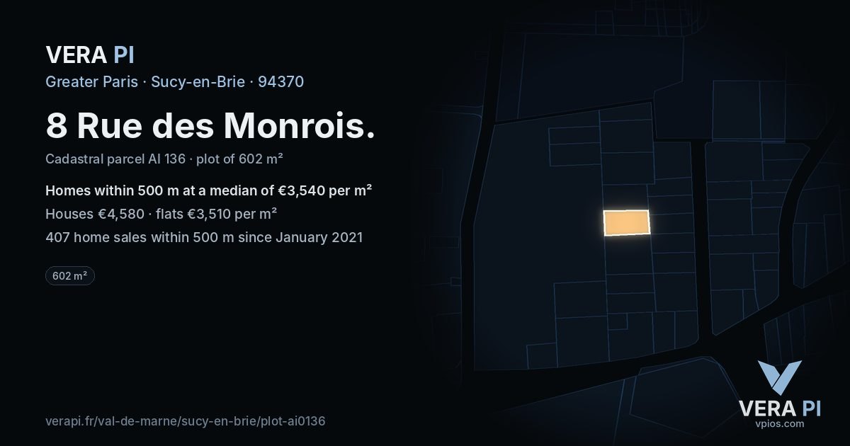 8 Rue des Monrois, Sucy-en-Brie at night – the plot lit, the parcels around coloured by the prices near them