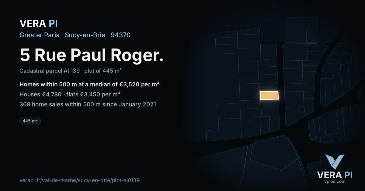 5 Rue Paul Roger, Sucy-en-Brie at night – the plot lit, the parcels around coloured by the prices near them