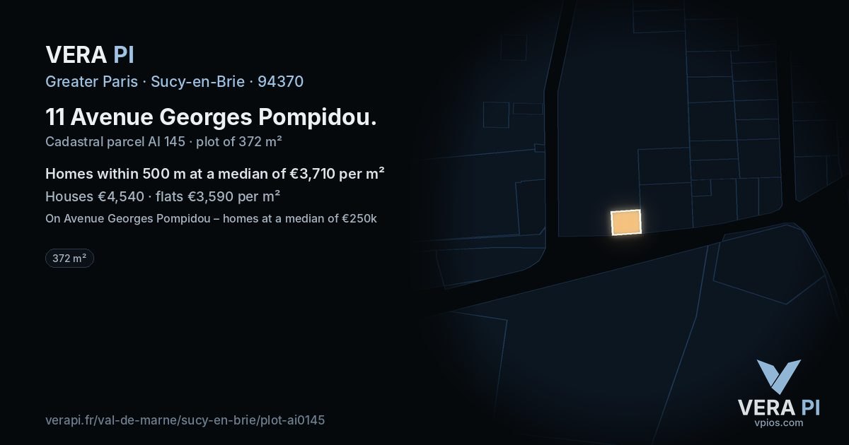11 Avenue Georges Pompidou, Sucy-en-Brie at night – the plot lit, the parcels around coloured by the prices near them