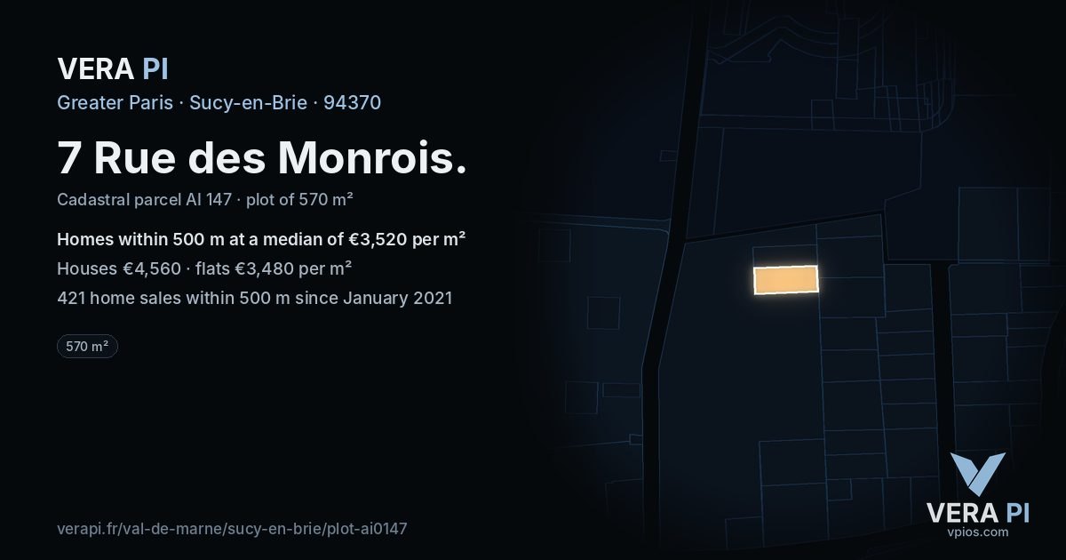 7 Rue des Monrois, Sucy-en-Brie at night – the plot lit, the parcels around coloured by the prices near them