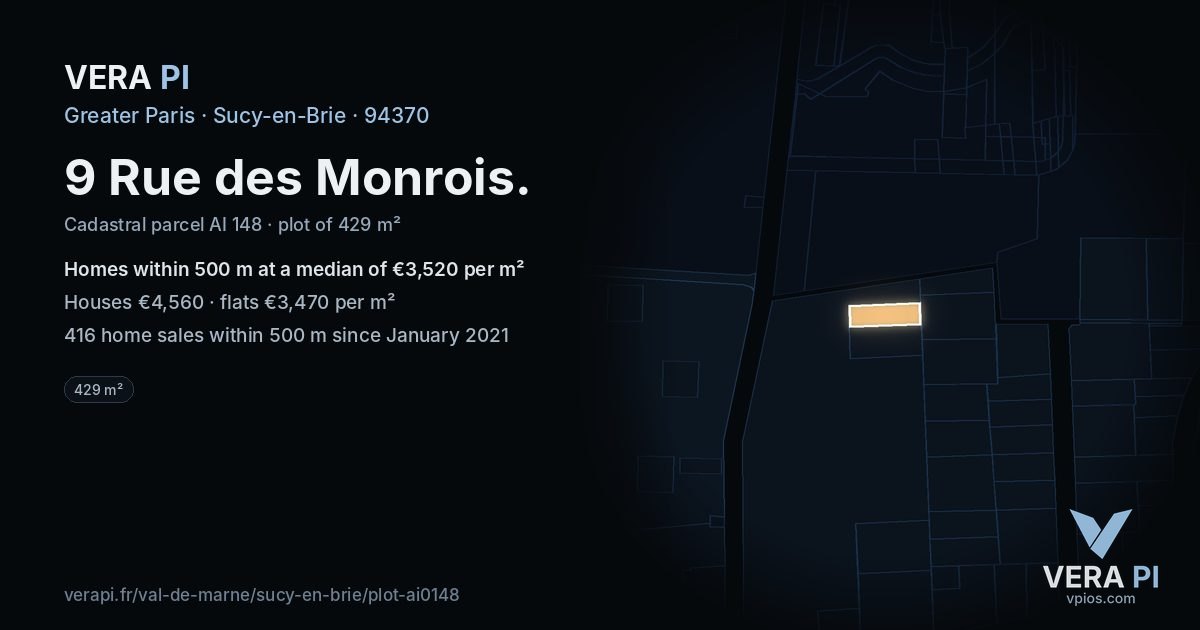 9 Rue des Monrois, Sucy-en-Brie at night – the plot lit, the parcels around coloured by the prices near them