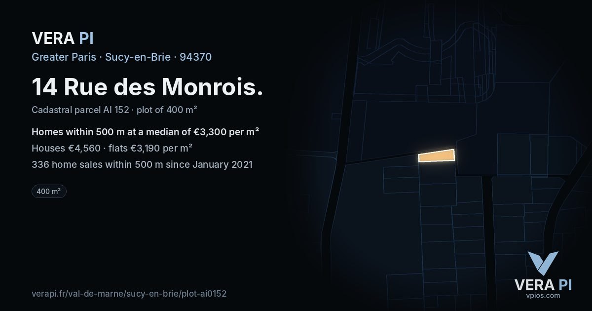 14 Rue des Monrois, Sucy-en-Brie at night – the plot lit, the parcels around coloured by the prices near them