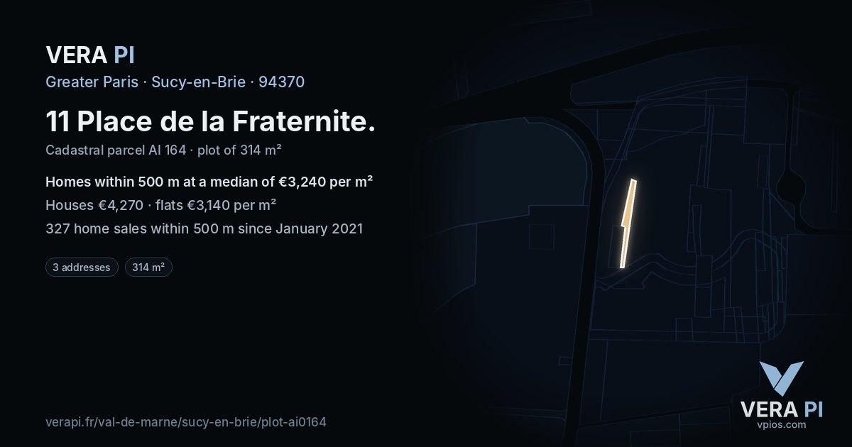 11 Place de la Fraternite, Sucy-en-Brie at night – the plot lit, the parcels around coloured by the prices near them