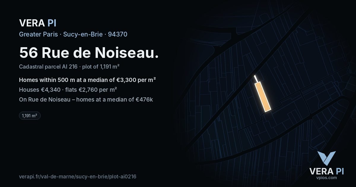 56 Rue de Noiseau, Sucy-en-Brie at night – the plot lit, the parcels around coloured by the prices near them