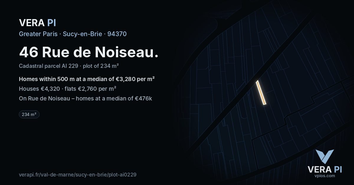 46 Rue de Noiseau, Sucy-en-Brie at night – the plot lit, the parcels around coloured by the prices near them
