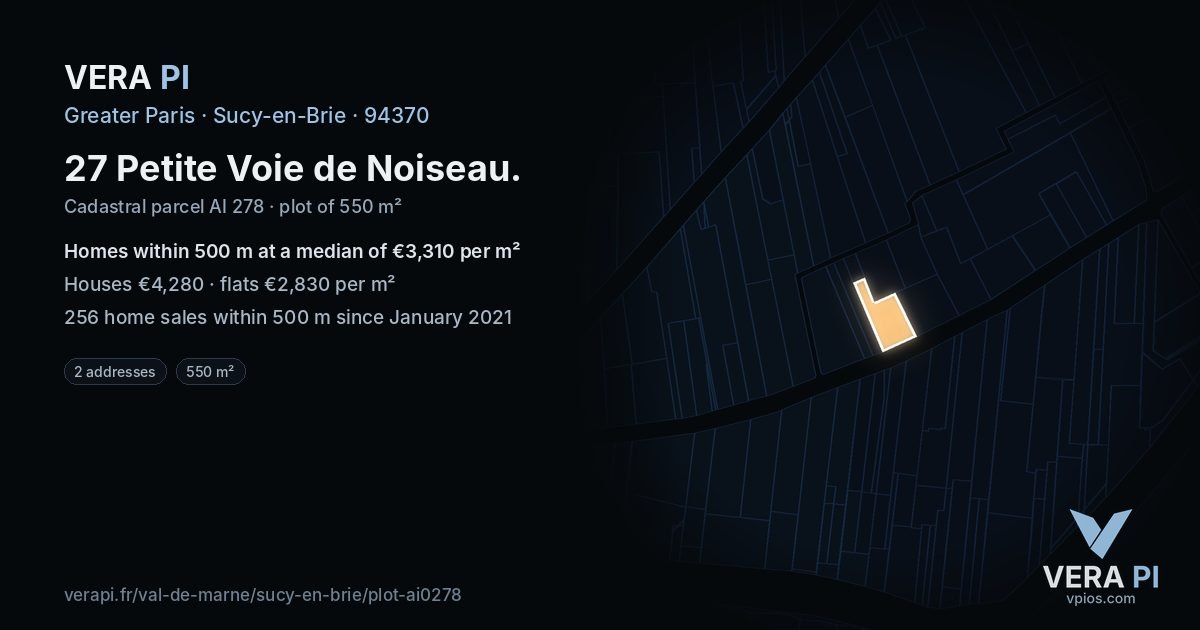 27 Petite Voie de Noiseau, Sucy-en-Brie at night – the plot lit, the parcels around coloured by the prices near them