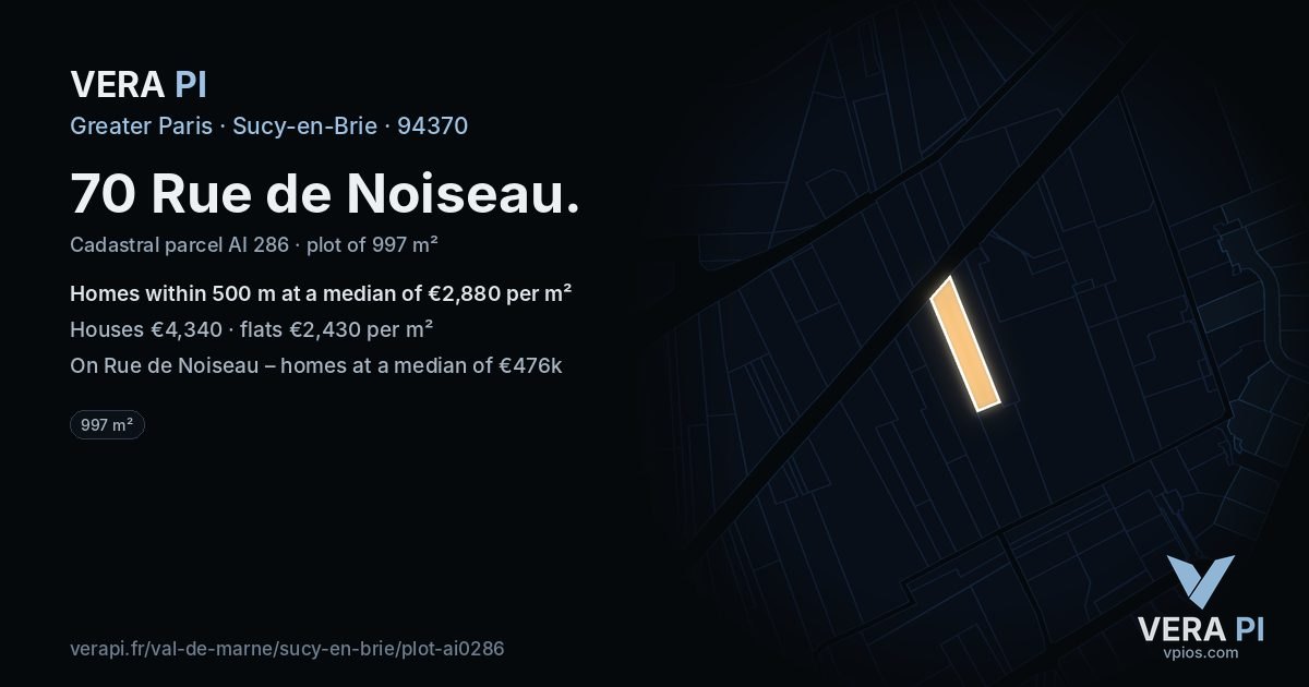 70 Rue de Noiseau, Sucy-en-Brie at night – the plot lit, the parcels around coloured by the prices near them