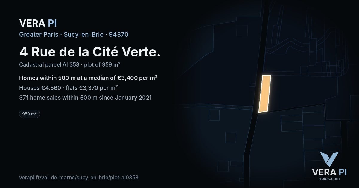 4 Rue de la Cité Verte, Sucy-en-Brie at night – the plot lit, the parcels around coloured by the prices near them
