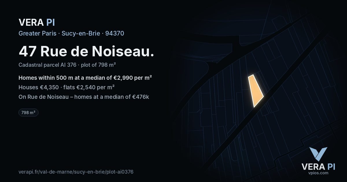 47 Rue de Noiseau, Sucy-en-Brie at night – the plot lit, the parcels around coloured by the prices near them
