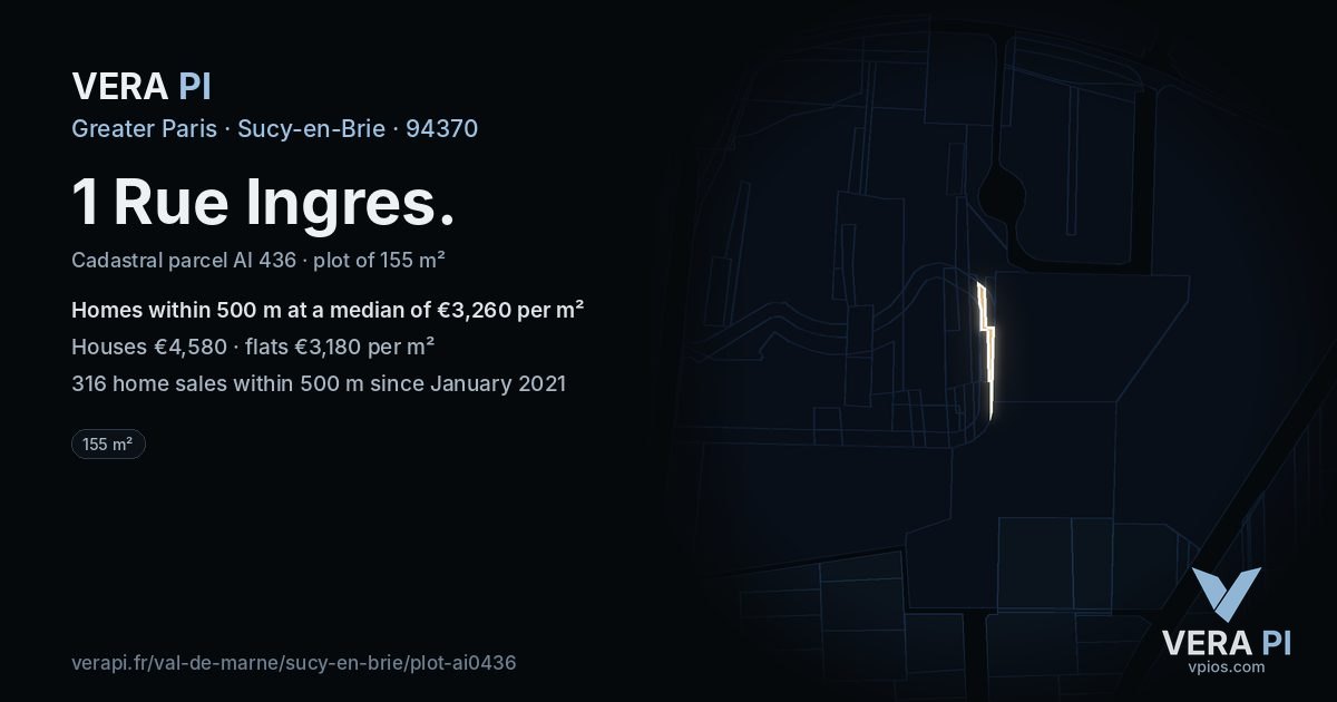 1 Rue Ingres, Sucy-en-Brie at night – the plot lit, the parcels around coloured by the prices near them