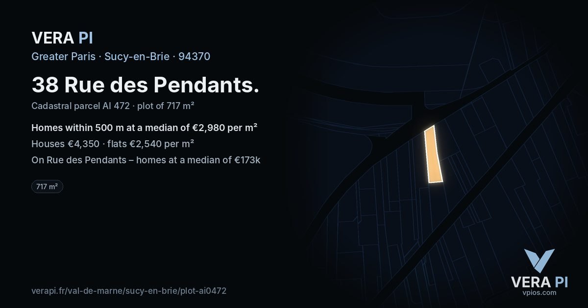 38 Rue des Pendants, Sucy-en-Brie at night – the plot lit, the parcels around coloured by the prices near them